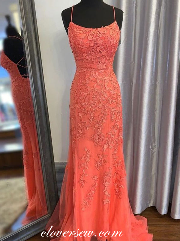Coral Lace Applique Sheath Backless Popular Prom Dresses, CP0592 clover sew Coral Lace Applique Sheath Backless Popular Prom Dresses, CP0592 clover sew