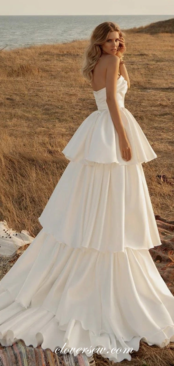 Cream Satin Strapless Tiered A-line Charming Wedding Gowns, CW0212
