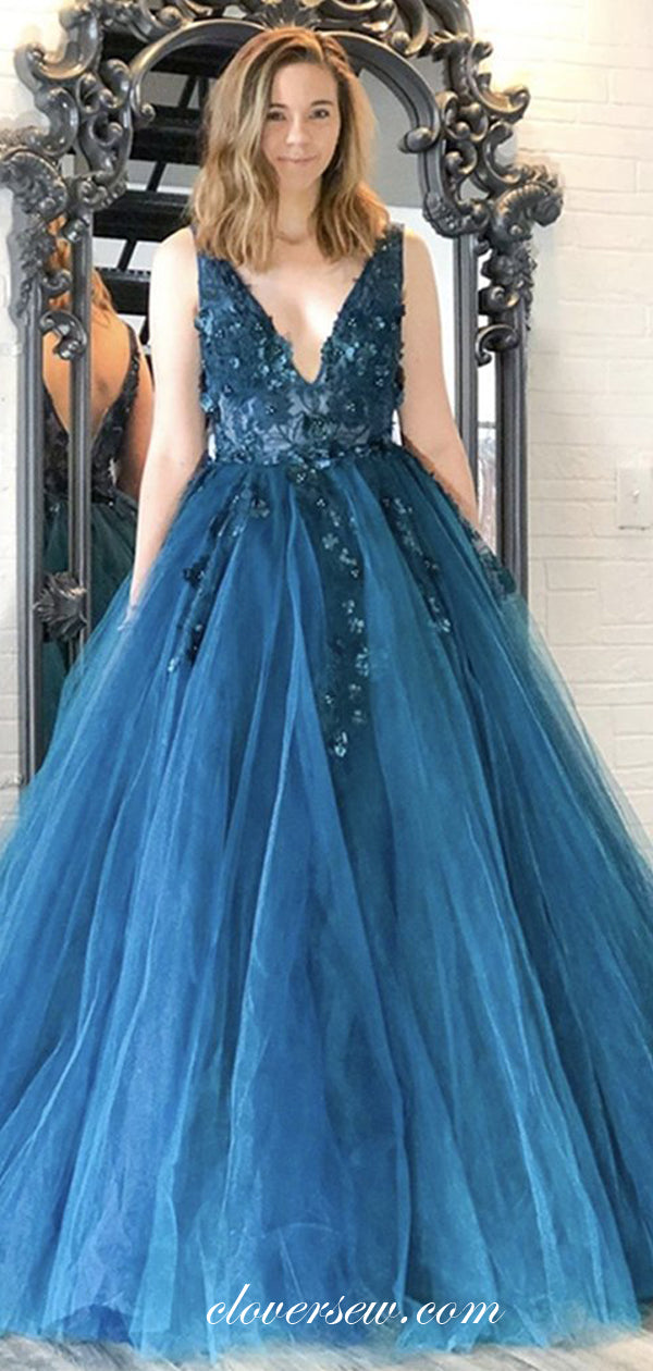 Dark Blue 3D Applique V-neck Sleeveless A-line Prom Dresses, CP0587