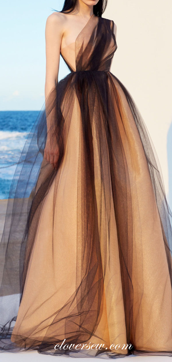 Dark Brown Tulle One Shoulder A-line Prom Dresses, CP0520