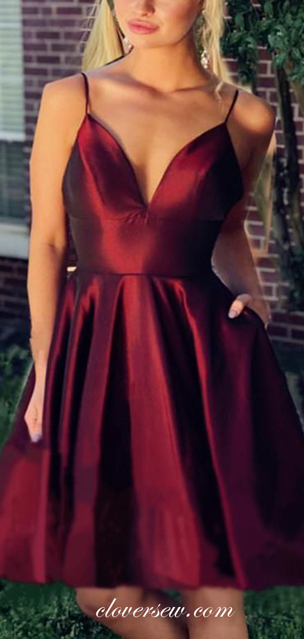 Dark Burgundy Satin Spaghetti Strap Homecoming Dresses,CH0013