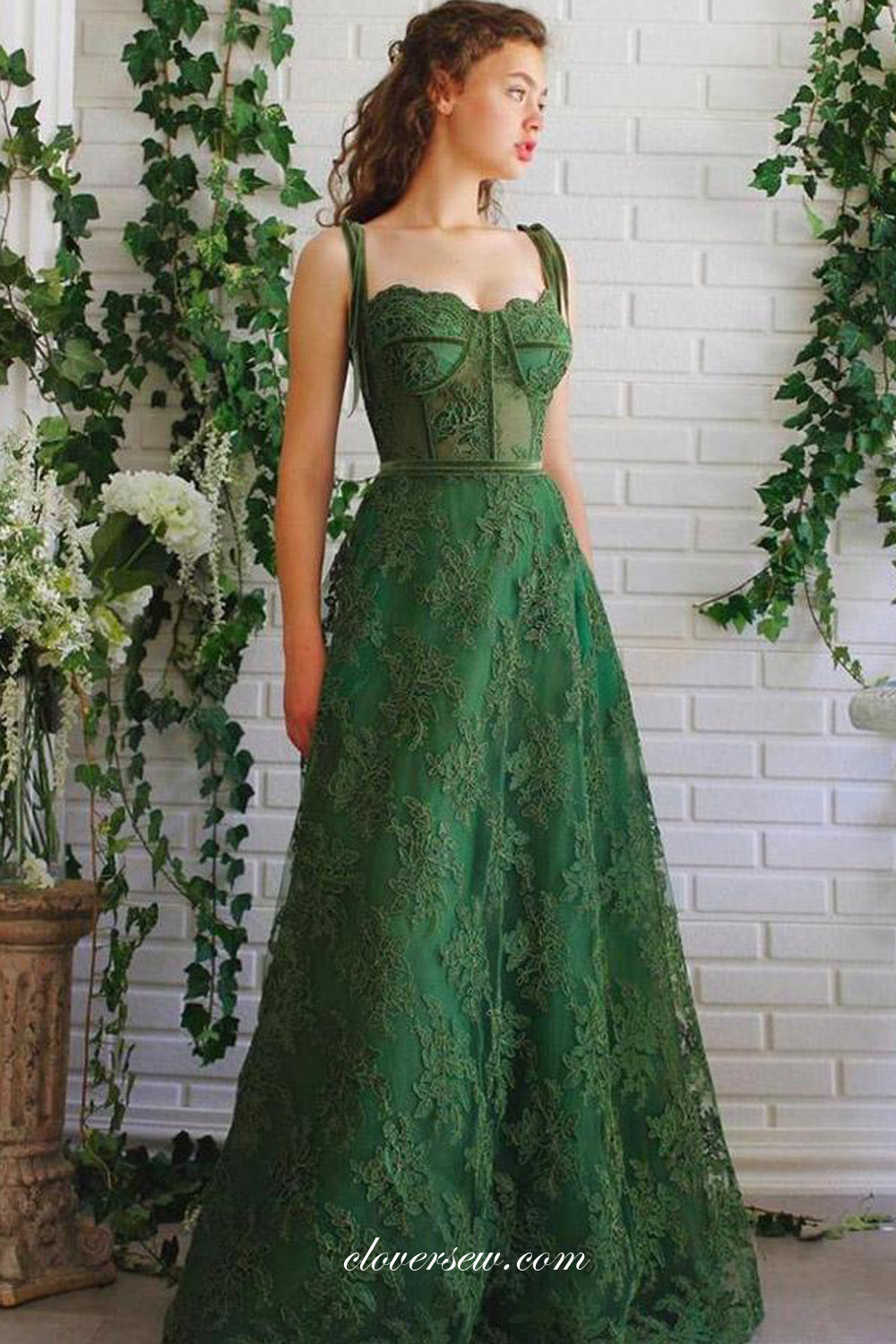 Dark Green Lace Sleeveless A-line French Prom Dresses, CP0944