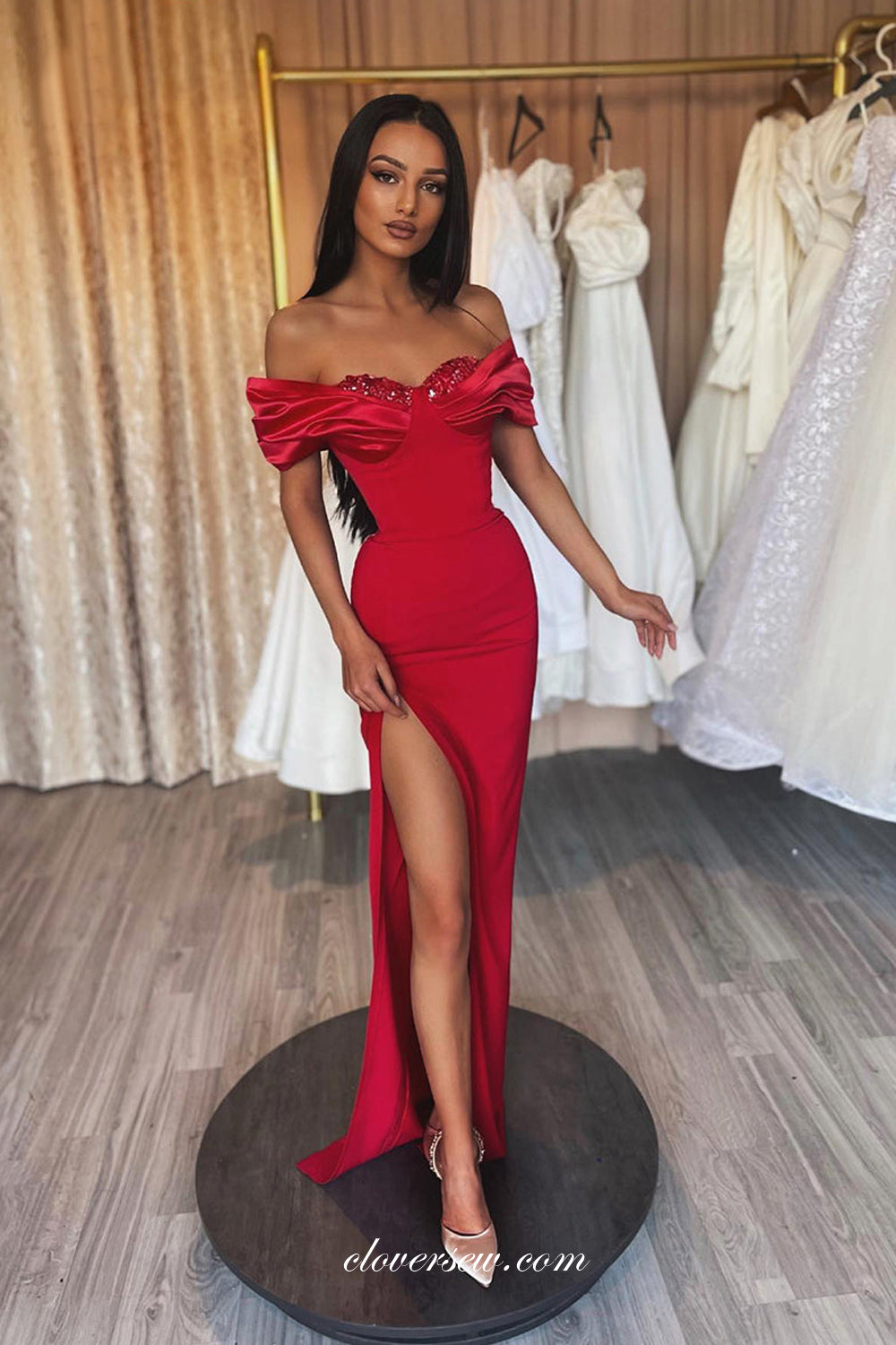 Dark Red Beading Neckline Pleating Off The Shoulder Sheath Formal Dresses, CP0974