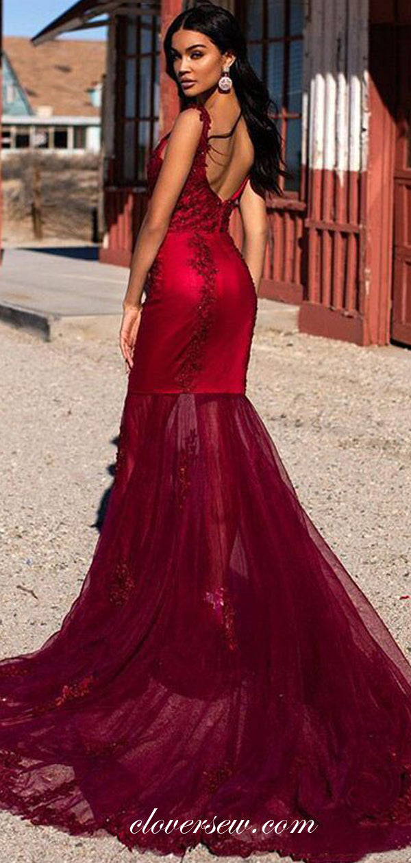 Dark Red Lace Bead Applique Sleeveless Mermaid Prom Dresses, CP0494