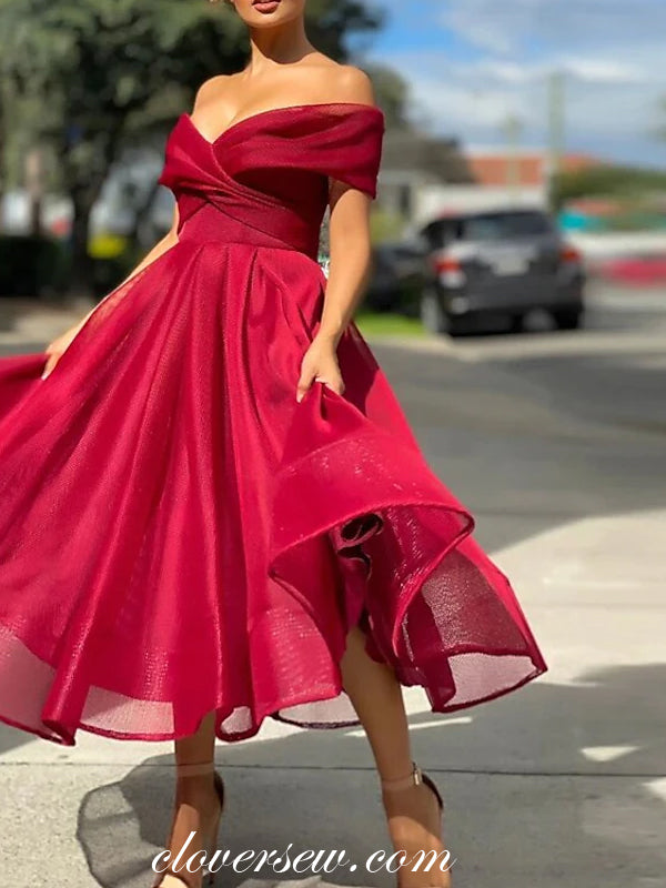 Dark Red Organza Off The Shoulder Elegant Tea Length Prom Dresses, CP0 clover sew Dark Red Organza Off The Shoulder Elegant Tea Length Prom Dresses, CP0 clover sew