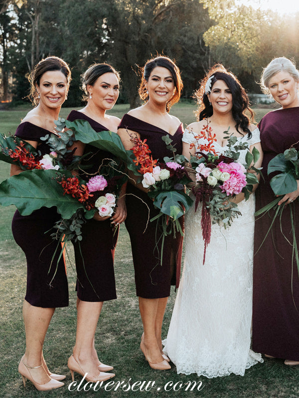 Dark Burgundy Off The Shoulder Sheath Knee Length Bridesmaid Dresses, CB0032 Dark Burgundy Off The Shoulder Sheath Knee Length Bridesmaid Dresses, CB0032