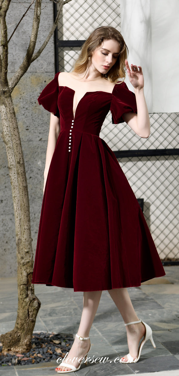 Dark Burgundy Velvet Off The Shoulder Homecoming Dresses, CH0002