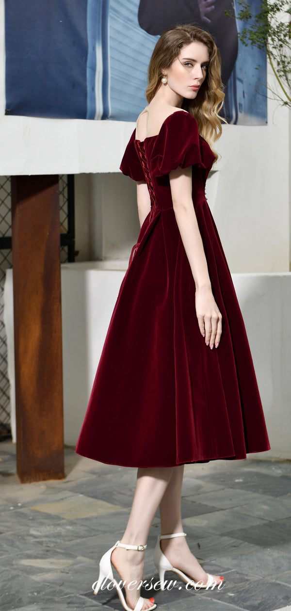 Dark Burgundy Velvet Off The Shoulder Homecoming Dresses, CH0002