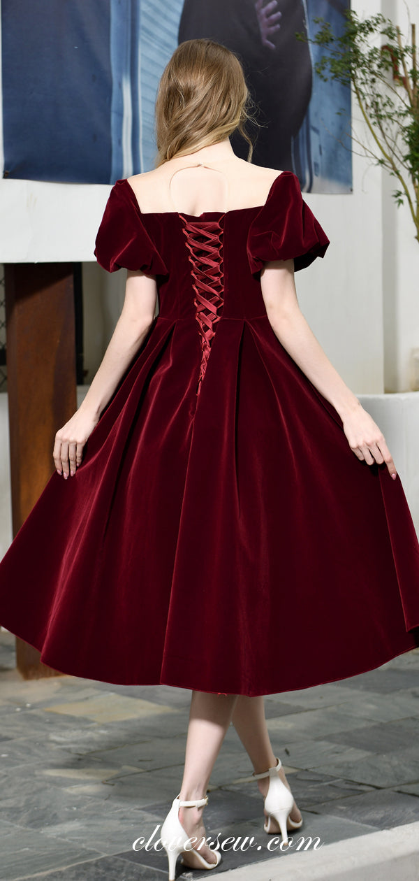 Dark Burgundy Velvet Off The Shoulder Homecoming Dresses, CH0002