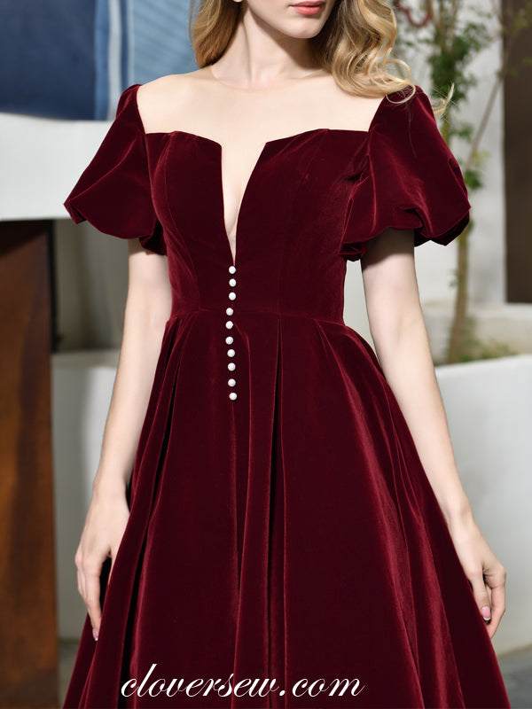 Dark Burgundy Velvet Off The Shoulder Homecoming Dresses, CH0002