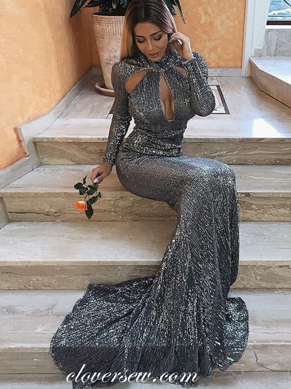 Dark Grey Sequin Long Sleeves High Neck Mermaid Sparkly Formal Dresses clover sew Dark Grey Sequin Long Sleeves High Neck Mermaid Sparkly Formal Dresses clover sew