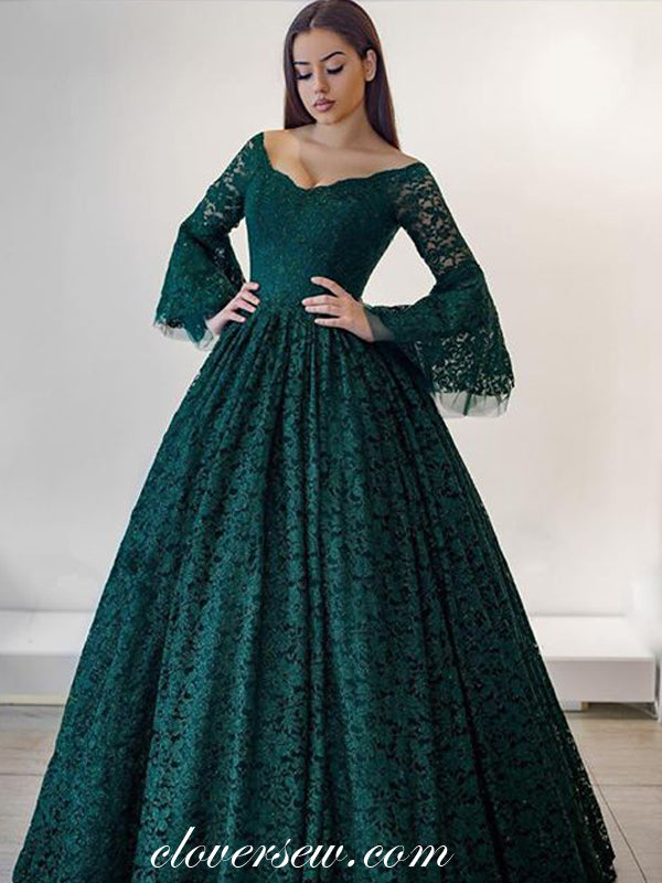 Dark Green Lace Long Sleeves V-Neck A-Line Prom Dresses, CP0025 US16 / As Pic / Without Petticoat Dark Green Lace Long Sleeves V-Neck A-Line Prom Dresses, CP0025 US16 / As Pic / Without Petticoat