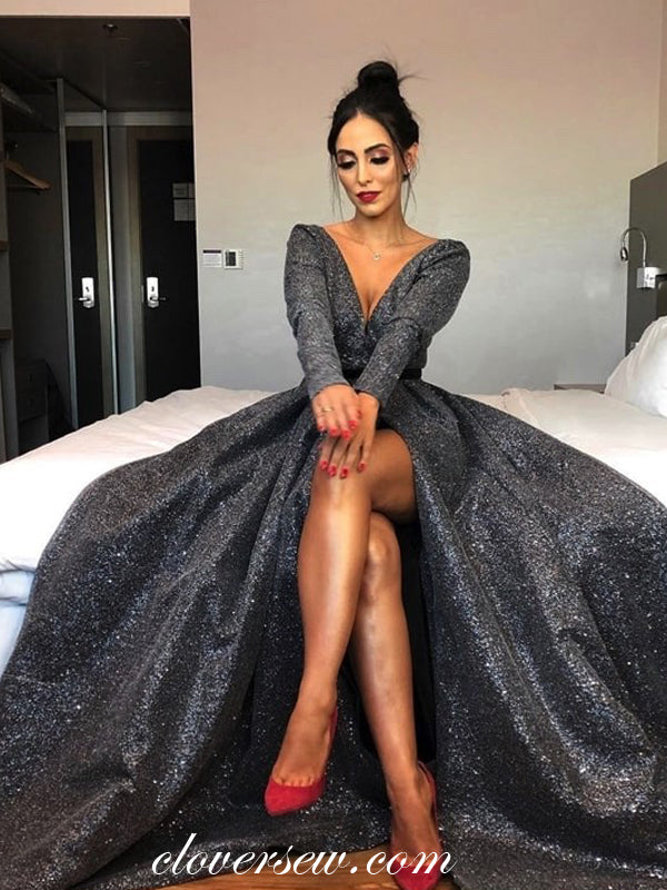 Dark Grey Shiny Satin Long Sleeves Side Slit Prom Dresses ,CP0296 clover sew Dark Grey Shiny Satin Long Sleeves Side Slit Prom Dresses ,CP0296 clover sew