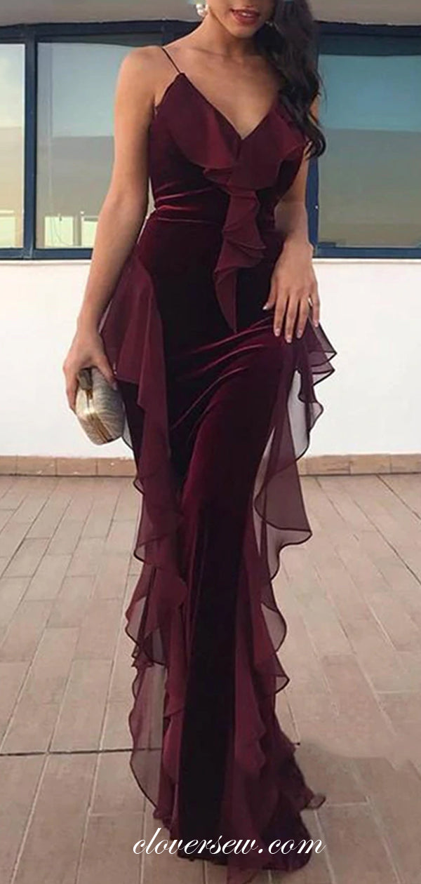 Dark Maroon Chiffon Velvet Sheath Ruffles Formal Dresses , CP0452