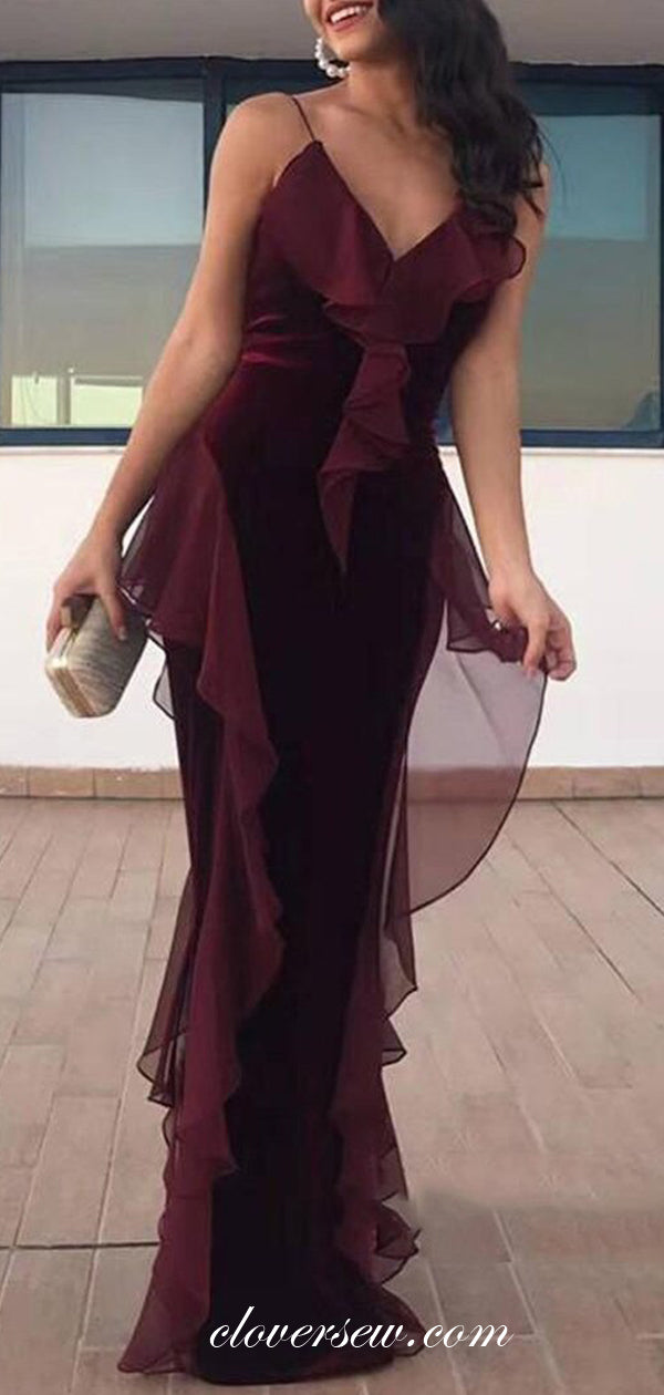 Dark Maroon Chiffon Velvet Sheath Ruffles Formal Dresses , CP0452