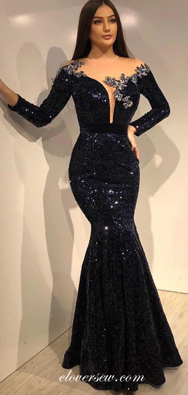 Dark Navy Sequin Long Sleeves Applique Mermaid Formal Dresses,CP0472