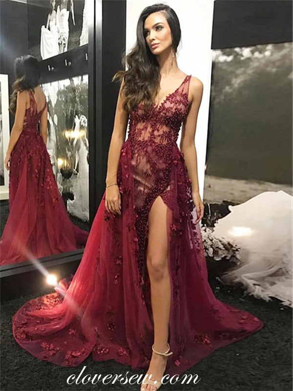 Dark Red Bead Lace See Through Detachable Overskirt Prom Dresses, Cp0065 US4 / As Pic / with Detachable Skirt Dark Red Bead Lace See Through Detachable Overskirt Prom Dresses, Cp0065 US4 / As Pic / with Detachable Skirt
