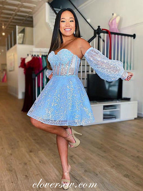 Skylar A Line Sweetheart Corset Homecoming Dress with Sleeves Sky Blue / 4 Skylar A Line Sweetheart Corset Homecoming Dress with Sleeves Sky Blue / 4