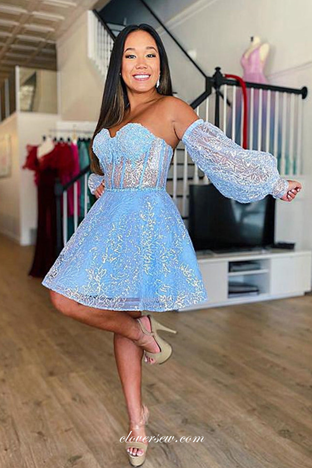 Detachable Long Sleeves Blue Lace Sweetheart A-line Short Graduation Dresses, CP0993