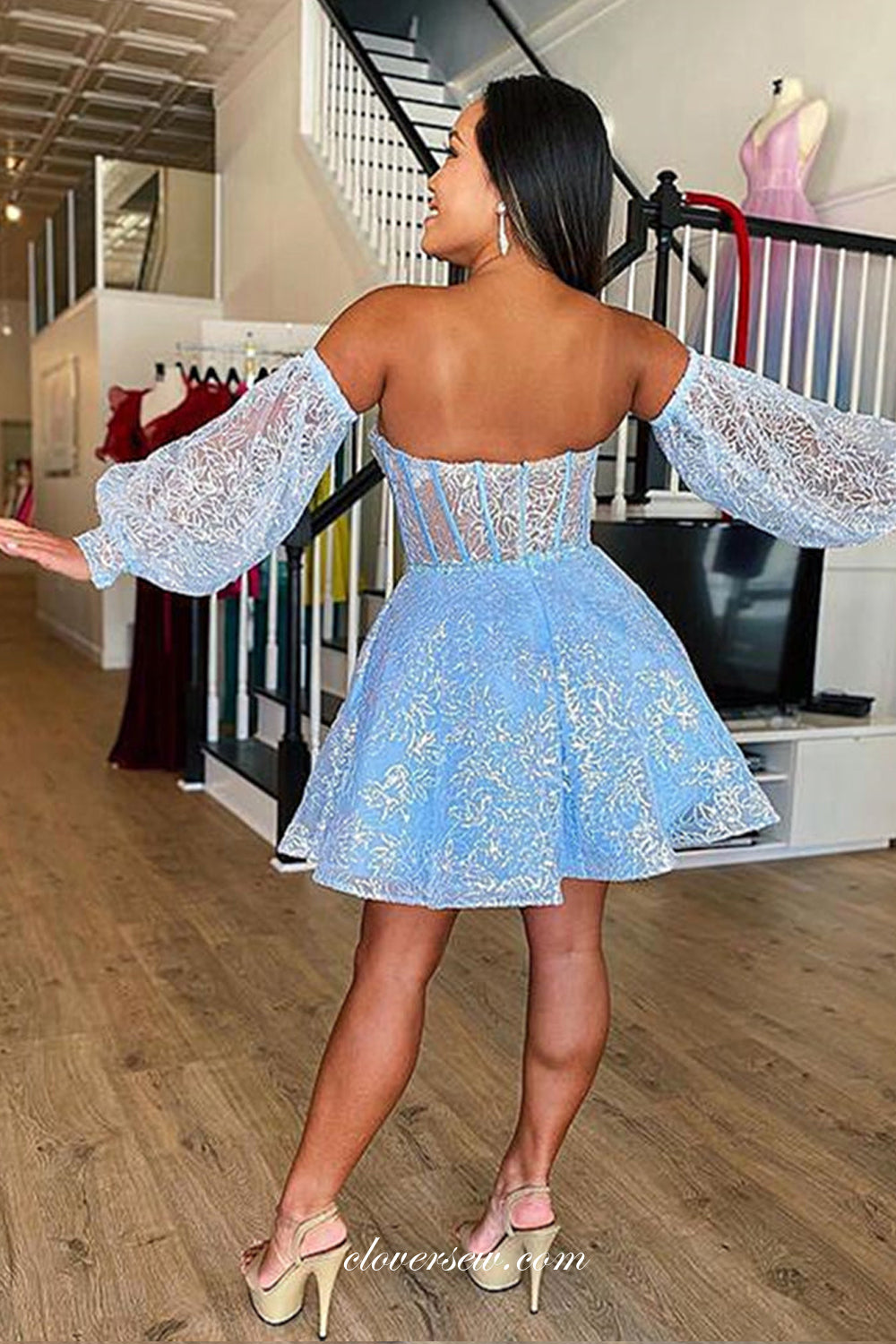 Detachable Long Sleeves Blue Lace Sweetheart A-line Short Graduation Dresses, CP0993