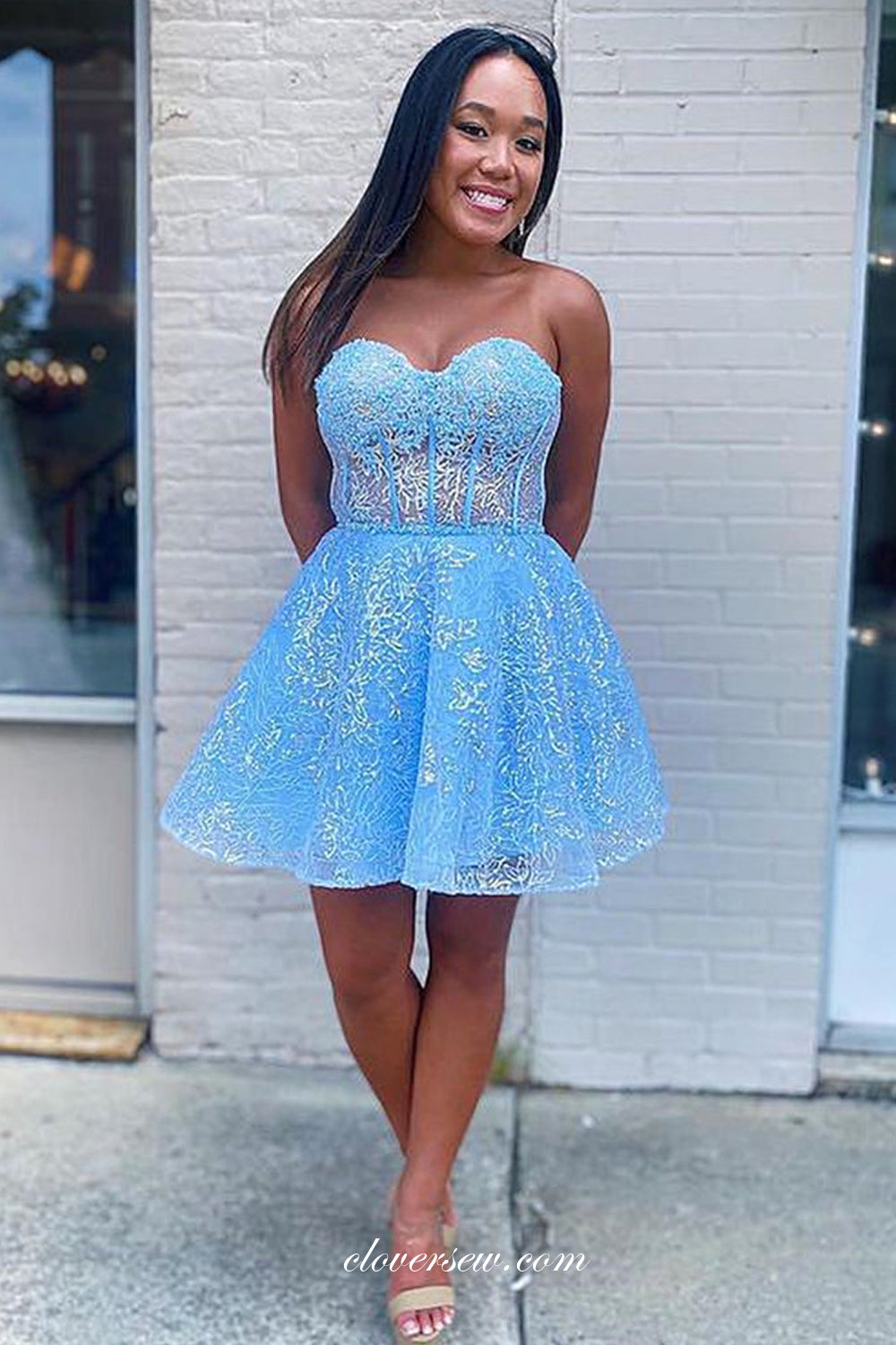 Detachable Long Sleeves Blue Lace Sweetheart A-line Short Graduation Dresses, CP0993