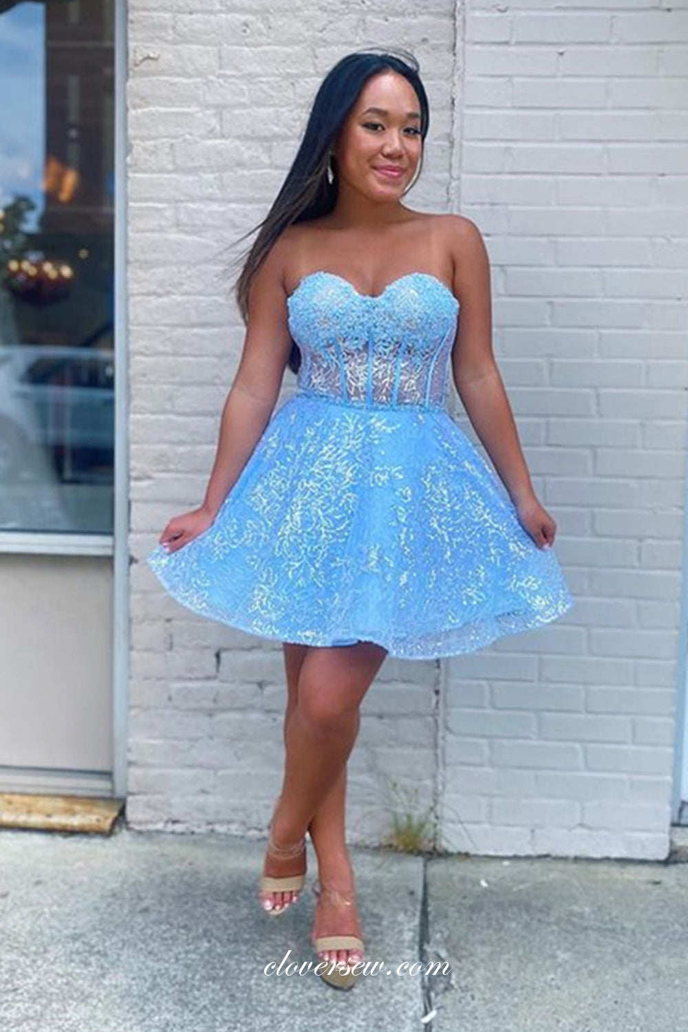 Detachable Long Sleeves Blue Lace Sweetheart A-line Short Graduation Dresses, CP0993