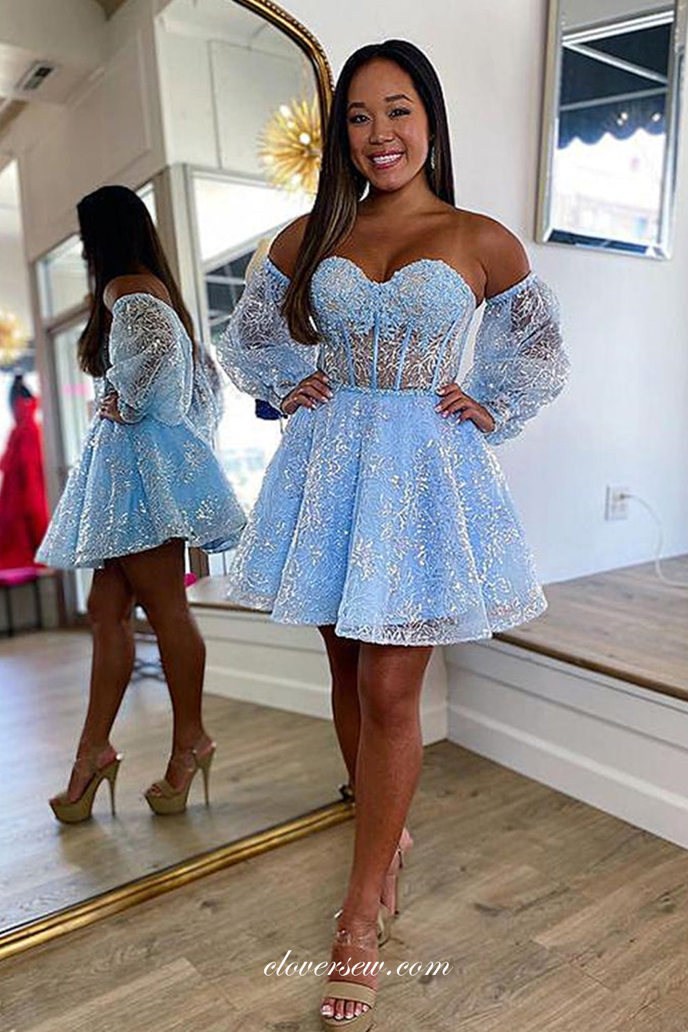 Detachable Long Sleeves Blue Lace Sweetheart A-line Short Graduation Dresses, CP0993