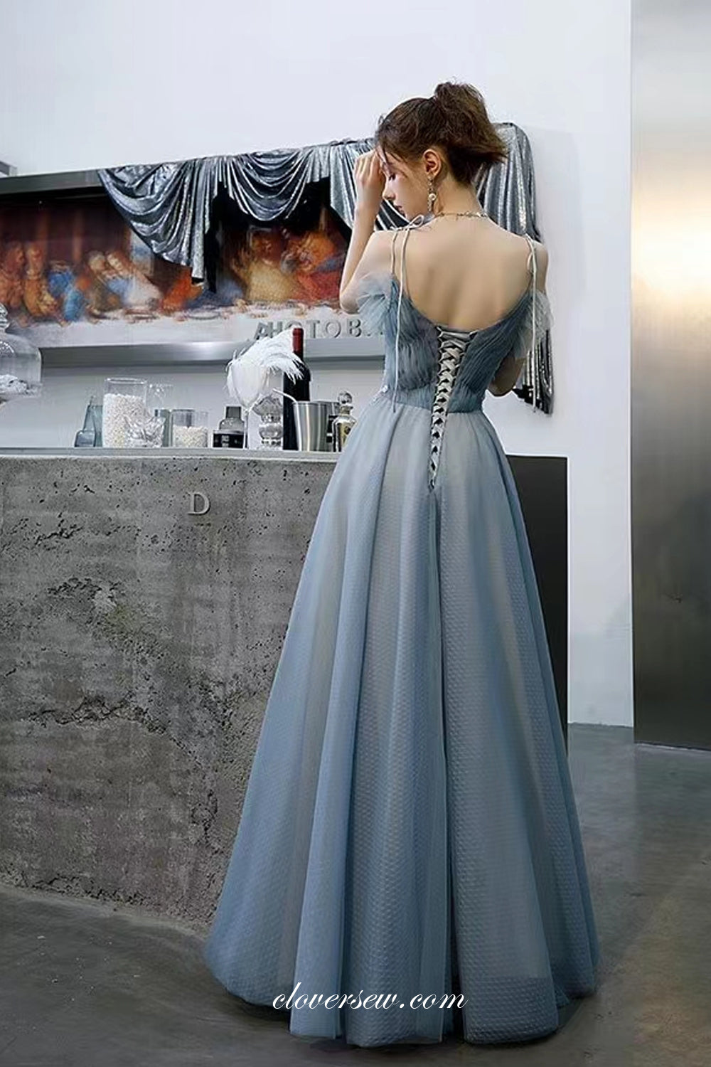 Dusty Blue Pleating Tulle Bead Applique Sleeveless A-line Prom Dresses, CP0976