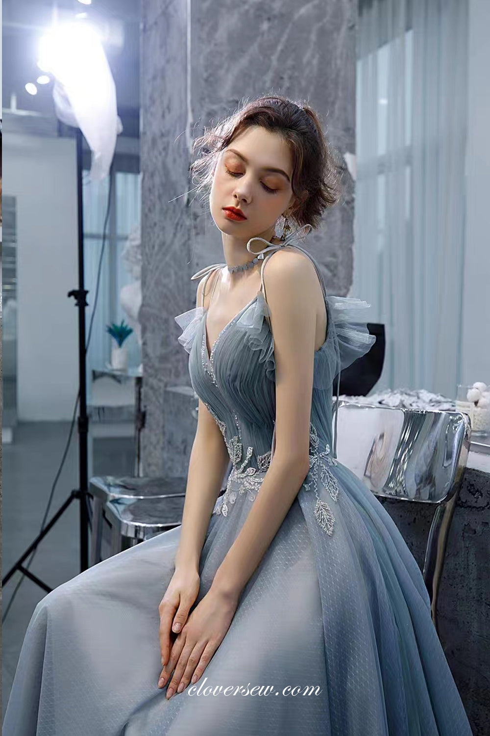 Dusty Blue Pleating Tulle Bead Applique Sleeveless A-line Prom Dresses, CP0976