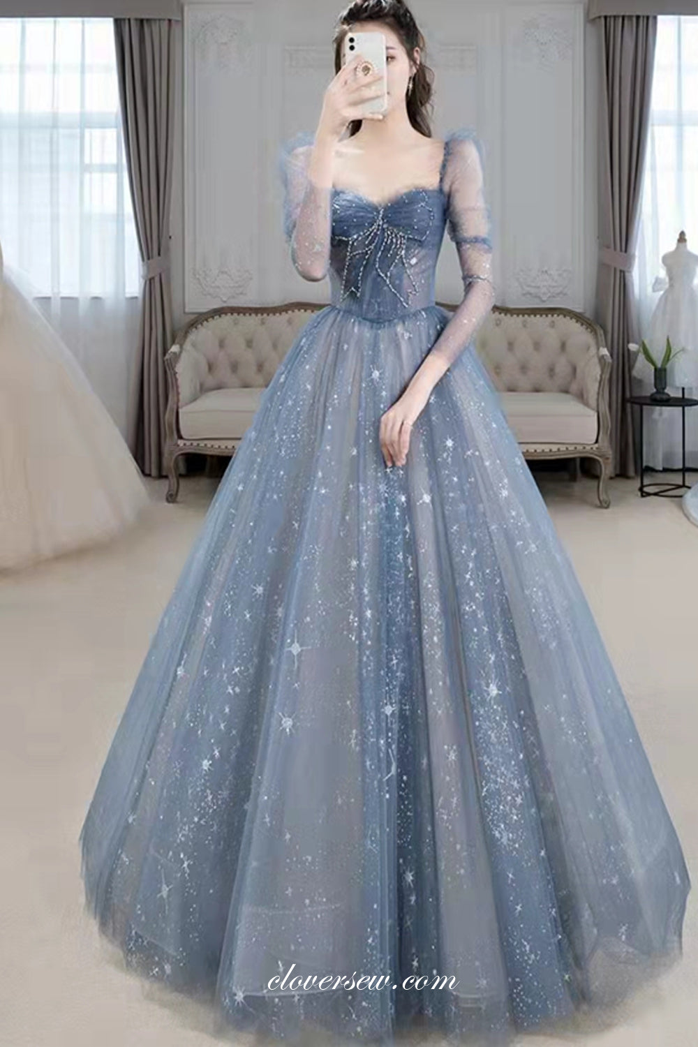 Dusty Blue Star Sequined Tulle Long Sleeves Vintage Prom Dresses, CP0797