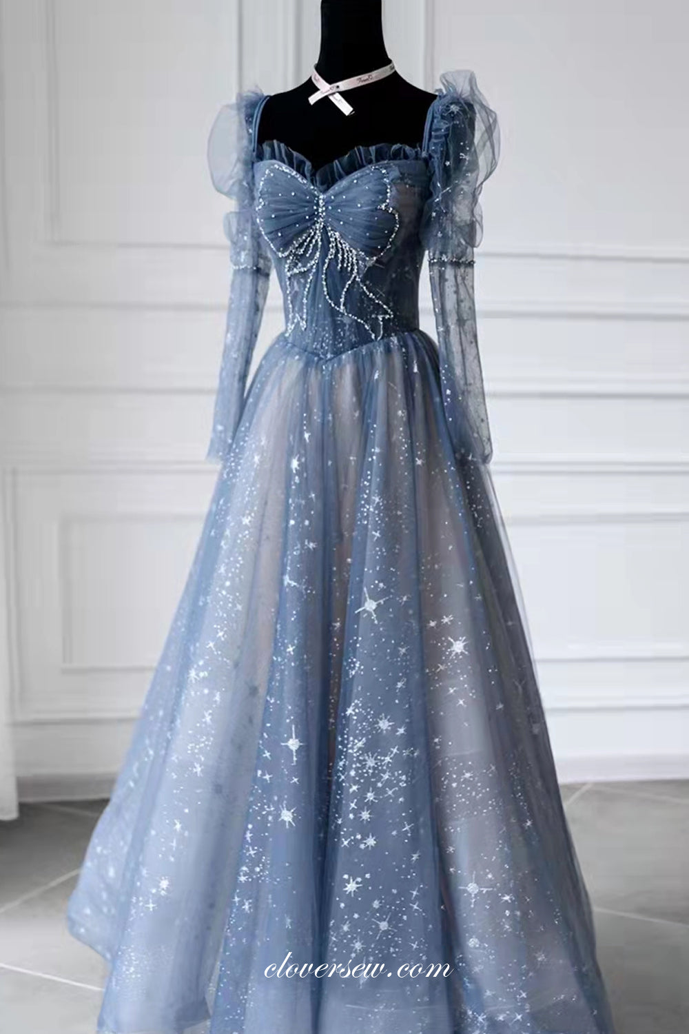 Dusty Blue Star Sequined Tulle Long Sleeves Vintage Prom Dresses, CP0797