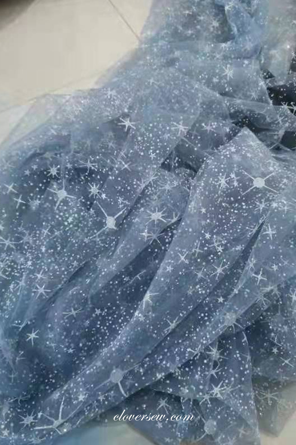 Dusty Blue Star Sequined Tulle Long Sleeves Vintage Prom Dresses, CP0797