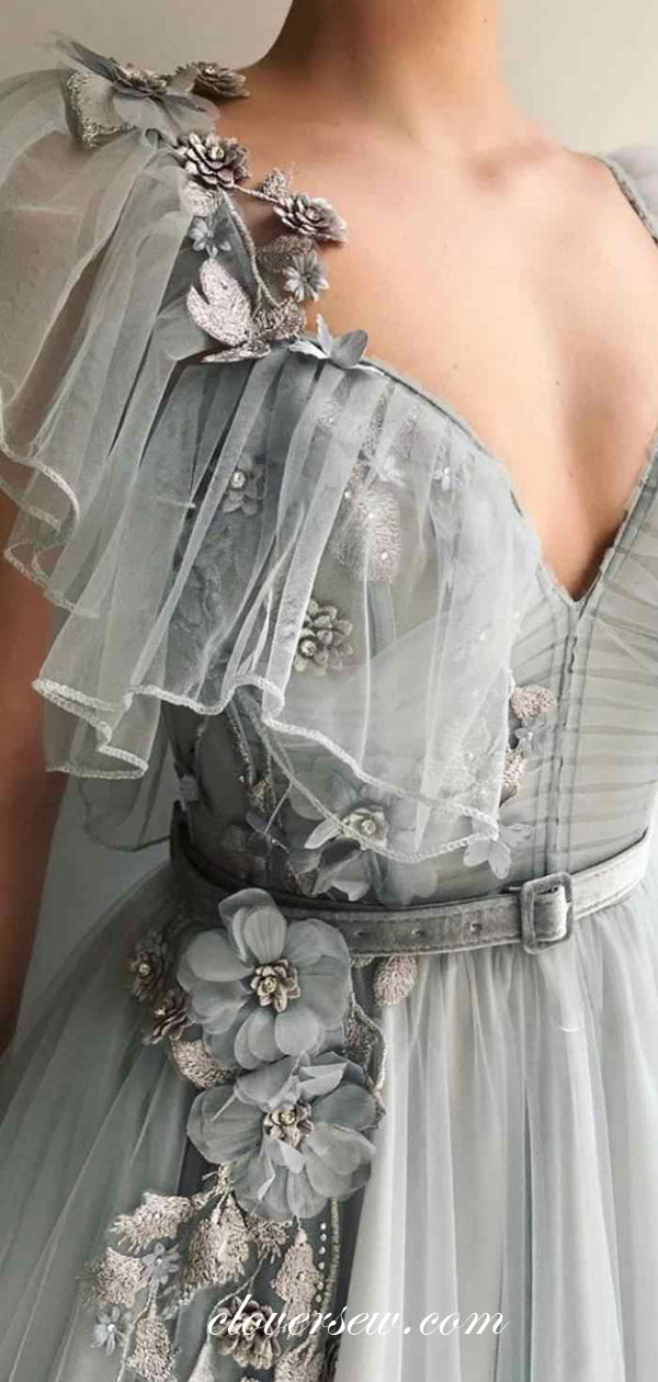 Dusty Blue Tulle 3D Applique Cap Sleeves Tiered A-line Prom Dresses, CP0521