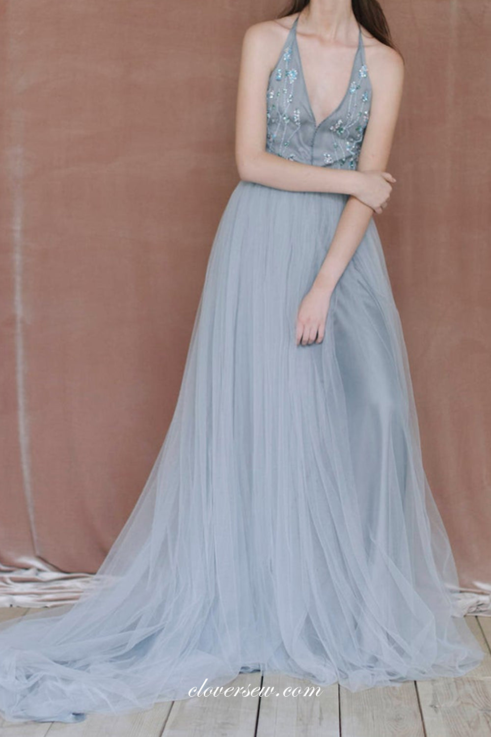Dusty Blue Tulle Beaded Halter A-line Unique Wedding Dresses, CW0250