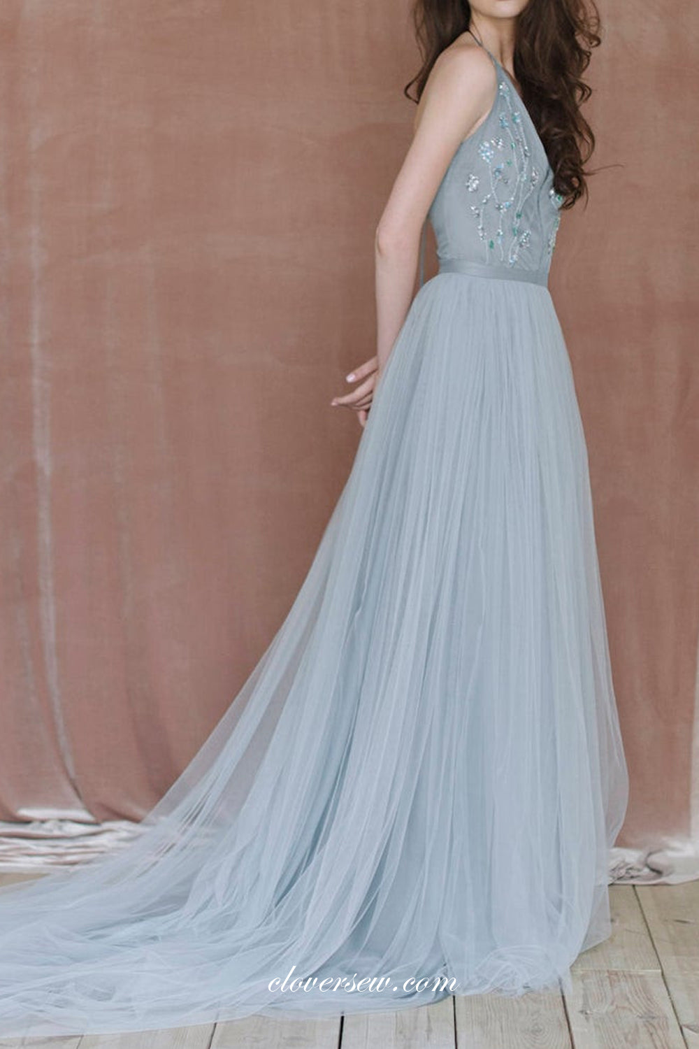 Dusty Blue Tulle Beaded Halter A-line Unique Wedding Dresses, CW0250