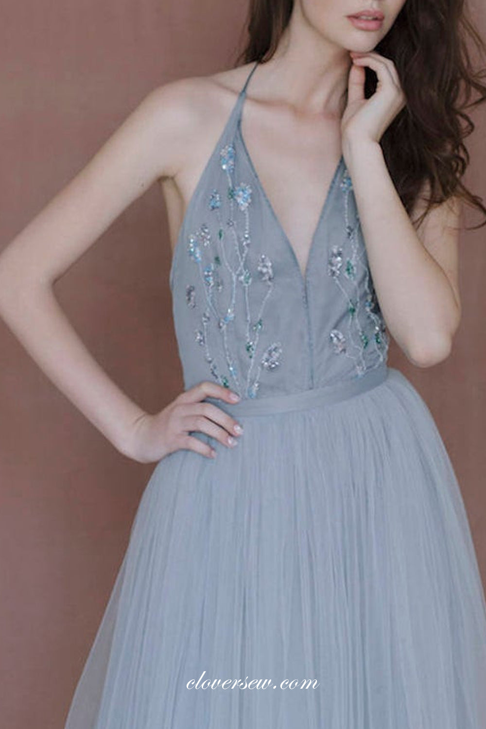 Dusty Blue Tulle Beaded Halter A-line Unique Wedding Dresses, CW0250