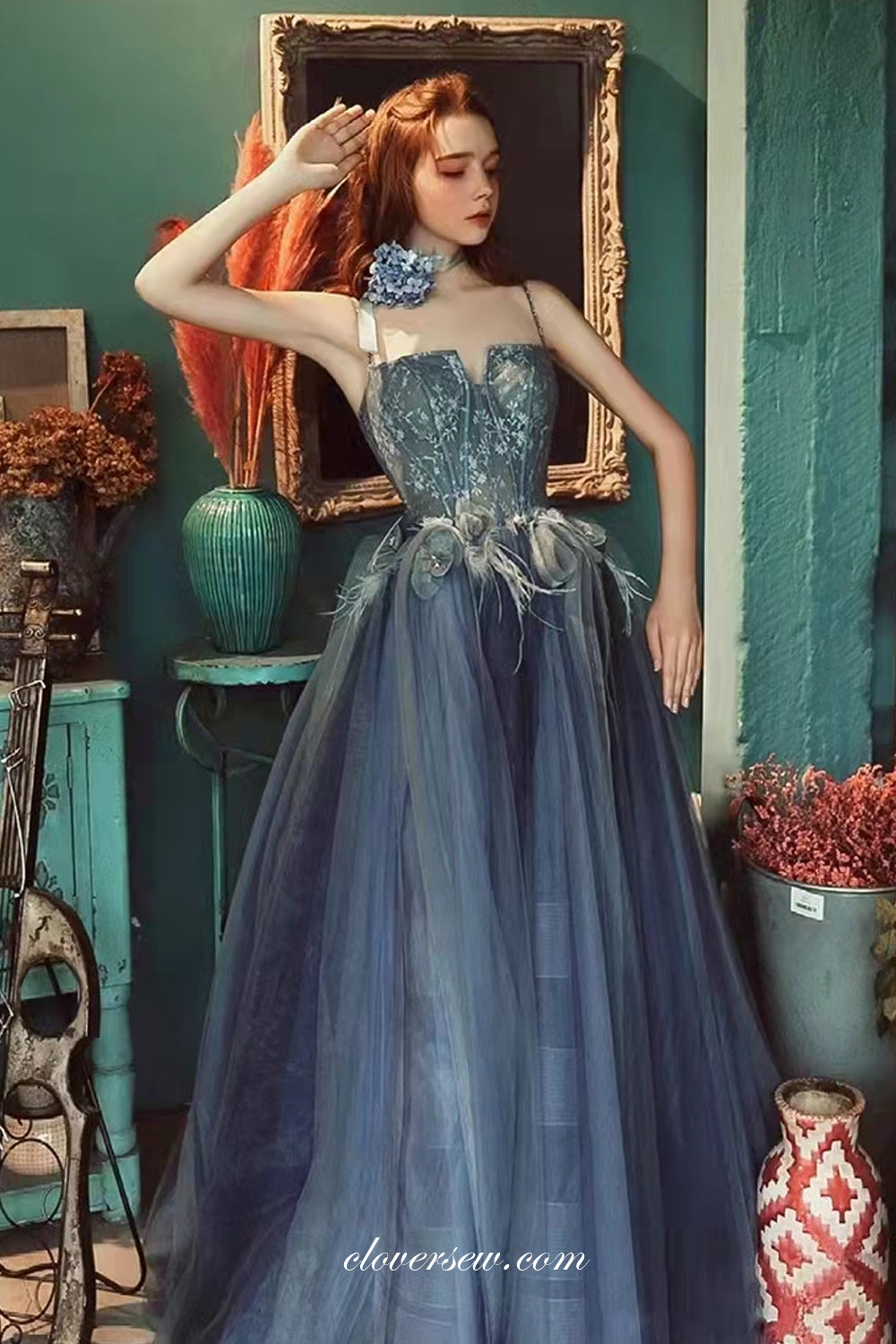 Dusty Blue Tulle Lace Applique Feather Spaghetti Strap A-line Prom Dresses, CP0795