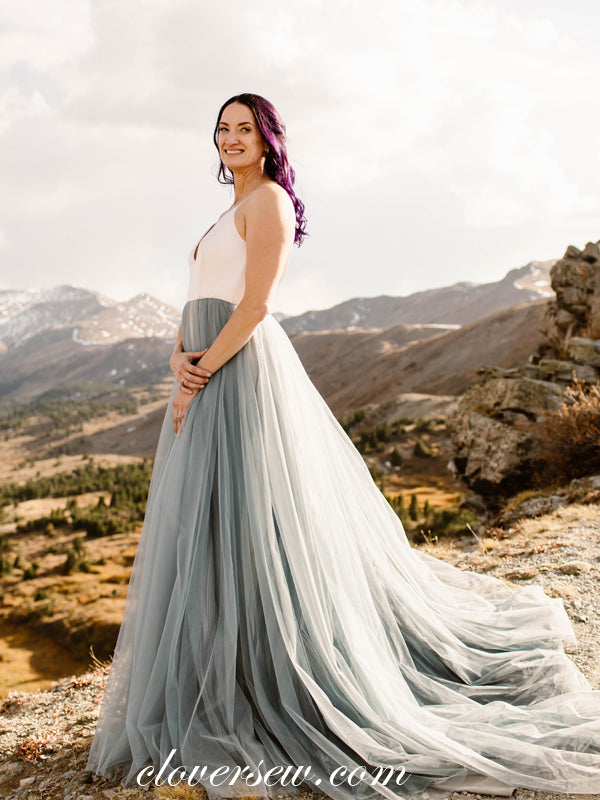 Dusty Blue Tulle White Top Sleeveless Boho Beach Wedding Dresses, CW02 clover sew Dusty Blue Tulle White Top Sleeveless Boho Beach Wedding Dresses, CW02 clover sew