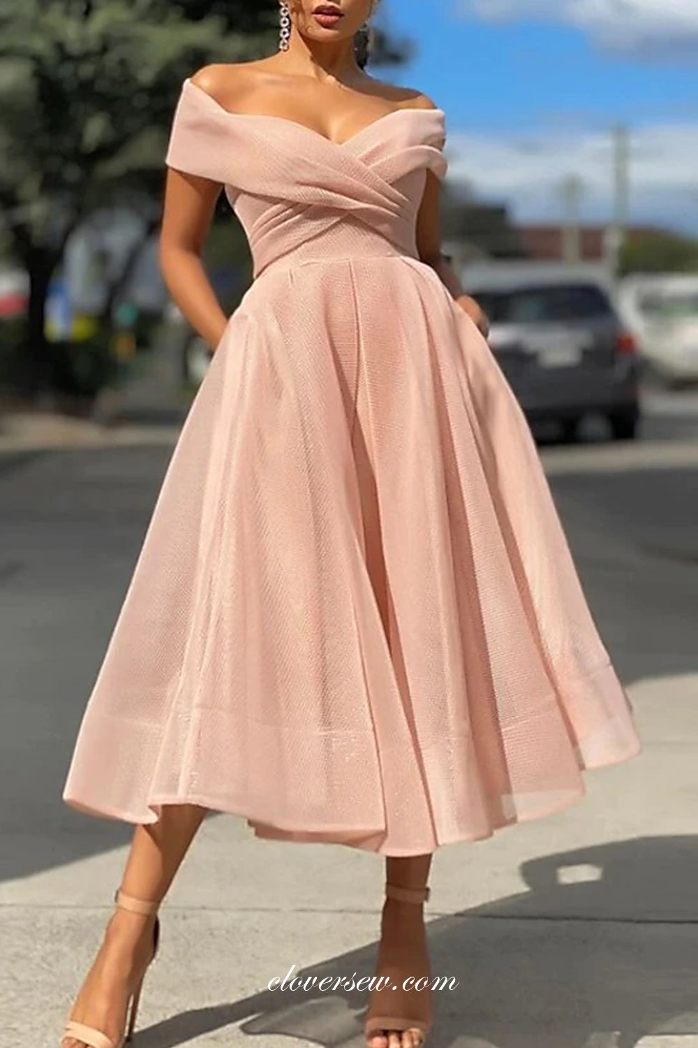 Dusty Pink Organza Off The Shoulder Elegant Tea Length Homecoming Dresses, CP0723