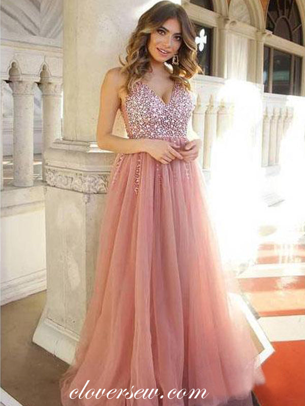 pink rhinestone prom dress Dusty Pink Rhinestone Tulle V-neck Prom Dresses, CP0622 US0 / As Pic