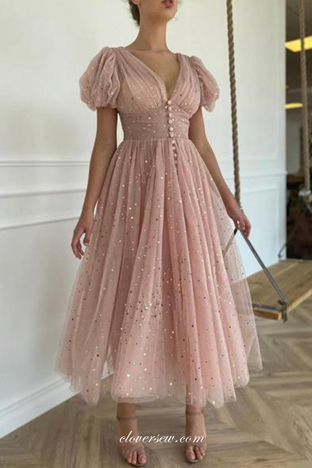 Dusty Pink Sequined Tulle Short Sleeves Fashion Tea-length Prom Dresses, CP0786