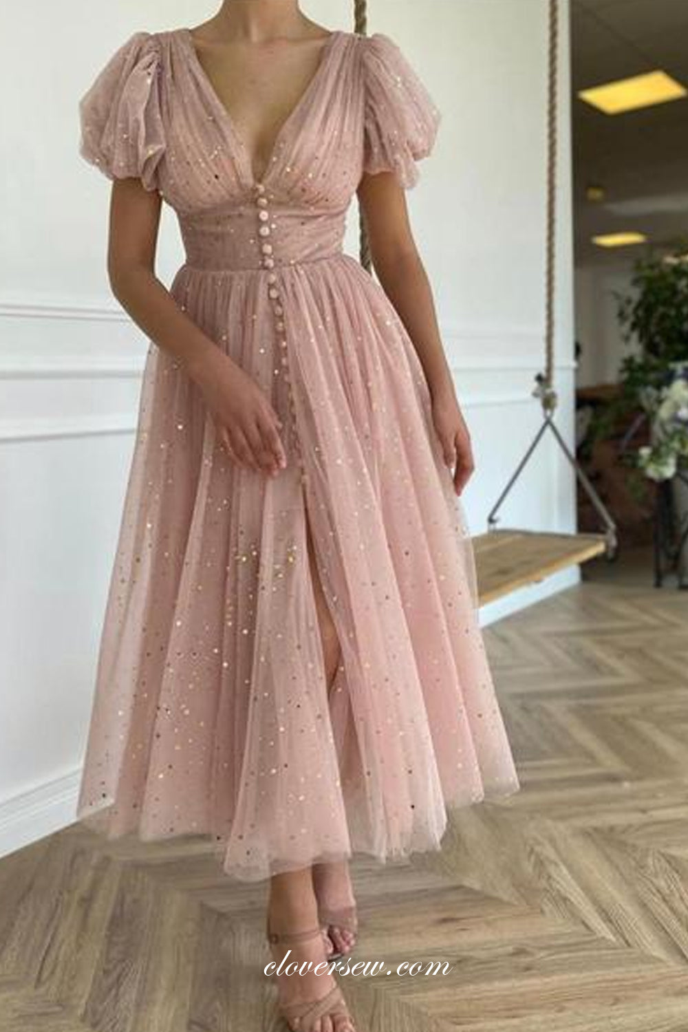 Dusty Pink Sequined Tulle Short Sleeves Fashion Tea-length Prom Dresses, CP0786