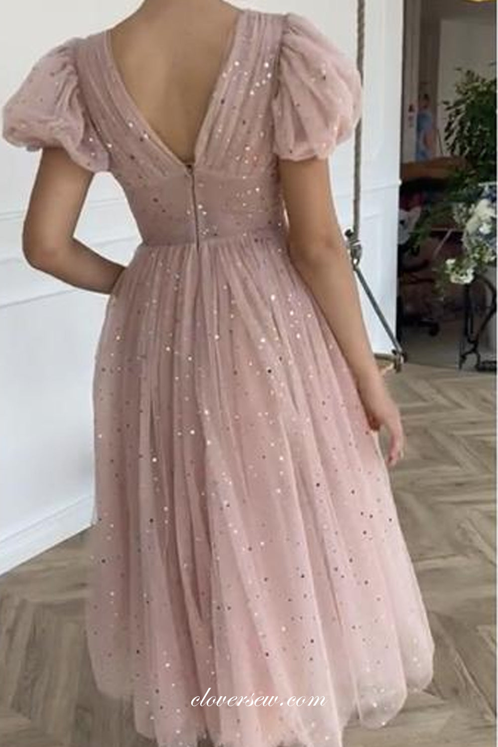 Dusty Pink Sequined Tulle Short Sleeves Fashion Tea-length Prom Dresses, CP0786