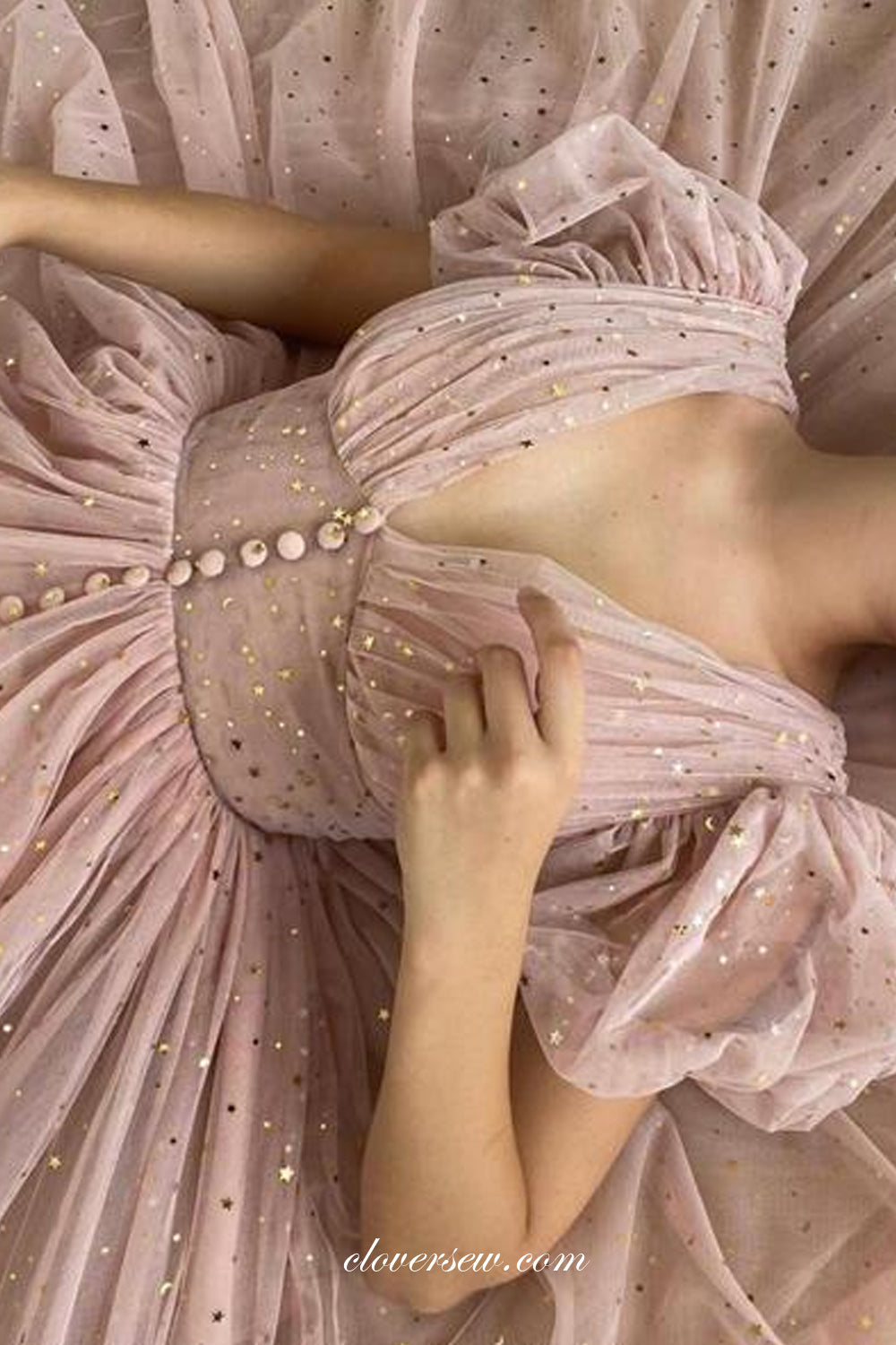 Dusty Pink Sequined Tulle Short Sleeves Fashion Tea-length Prom Dresses, CP0786