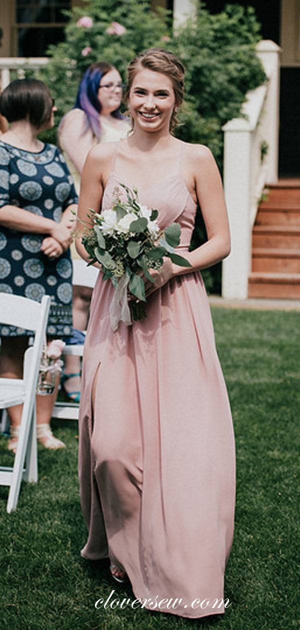 Dusty Pink Chiffon Spaghetti Strap A-line Long Bridesmaid Dresses, CB0048