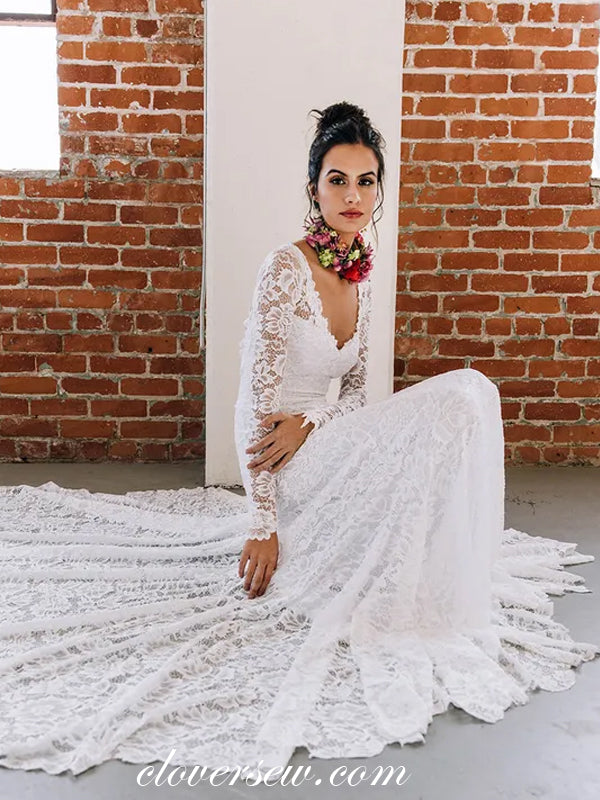 Elegant Lace Long Sleeves Open Back Wedding Dresses,CW0213 clover sew Elegant Lace Long Sleeves Open Back Wedding Dresses,CW0213 clover sew