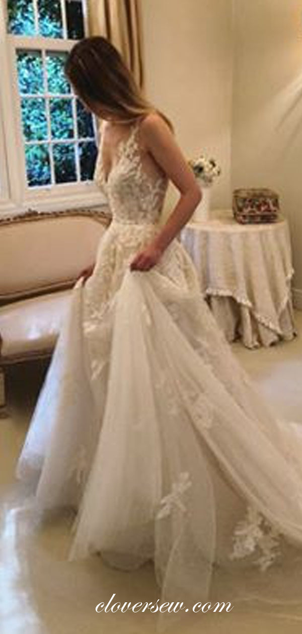 Elegant Lace V-neck Sleeveless A-line Wedding Dresses,CW0169
