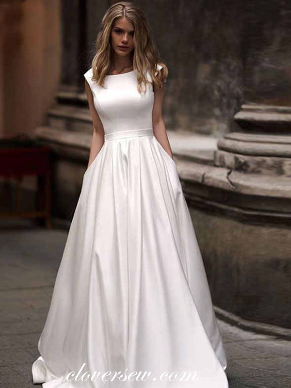 Elegant Satin Cap Sleeves Round Neckline A-Line Wedding Dresses,CW0109 US2 / As Pic Elegant Satin Cap Sleeves Round Neckline A-Line Wedding Dresses,CW0109 US2 / As Pic