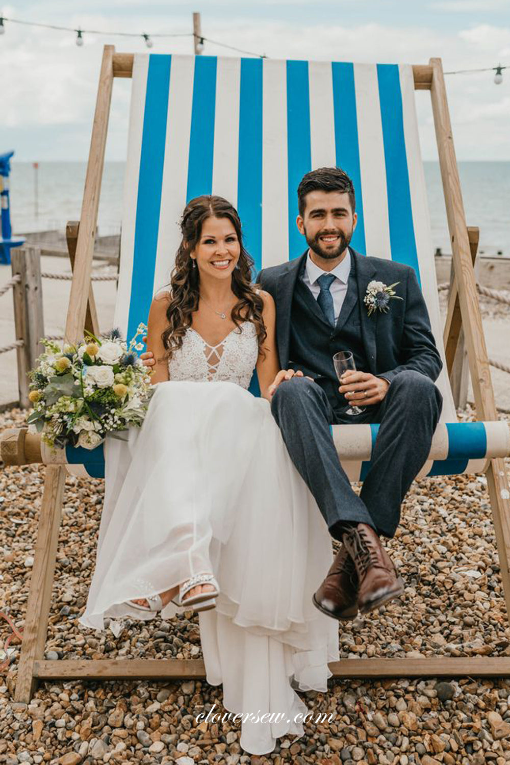 Fashion Lace Chiffon Spaghetti Strap Beach Wedding Dresses, CW0299