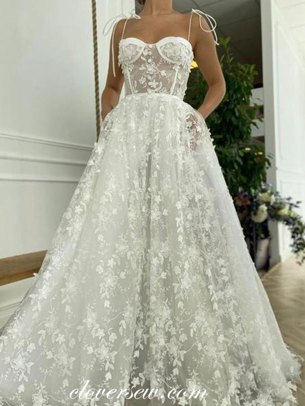 Fashion Lace Illusion Spaghetti Strap French Wedding Dresses, CW0284